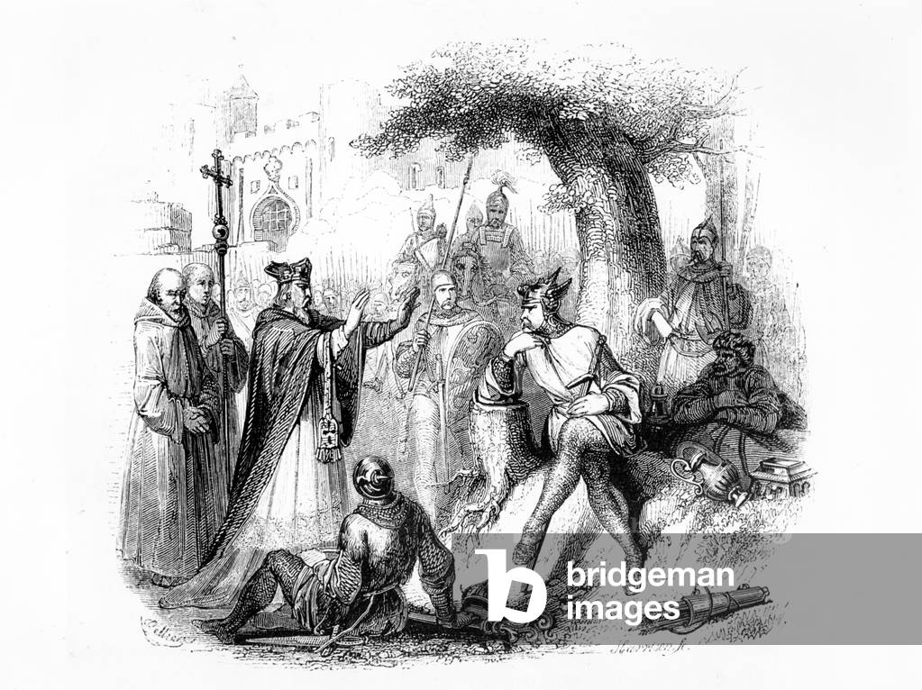 The Archbishop of Rouen in negotiation with Rollo the Viking to protect the city from attack by other Vikings (litho)