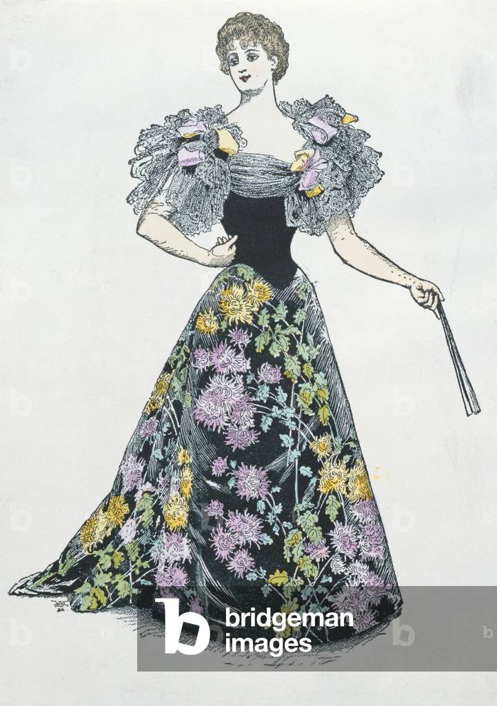 Evening dress with Chrysanthemum motif, 1894 (coloured engraving)
