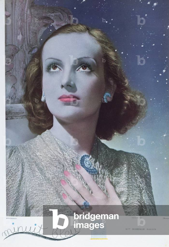 Illustration (after a photograph) of the dress design 'Minuit Bleu' by Nina Ricci, from 'Femina Noel' Magazine, 1935 (colour litho)