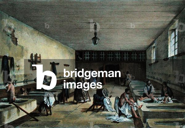 The Officers' Baths at the Military Hospital of Bourbonne les Bains, mid-19th century (coloured engraving)