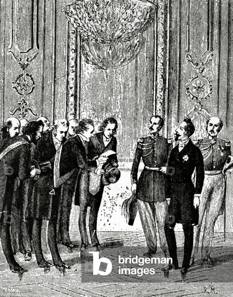 Prince Louis Napoléon Bonaparte meeting freemasons from the Grand Orient de France Lodge after the coup d'état of 2 December, 1852 (litho)
