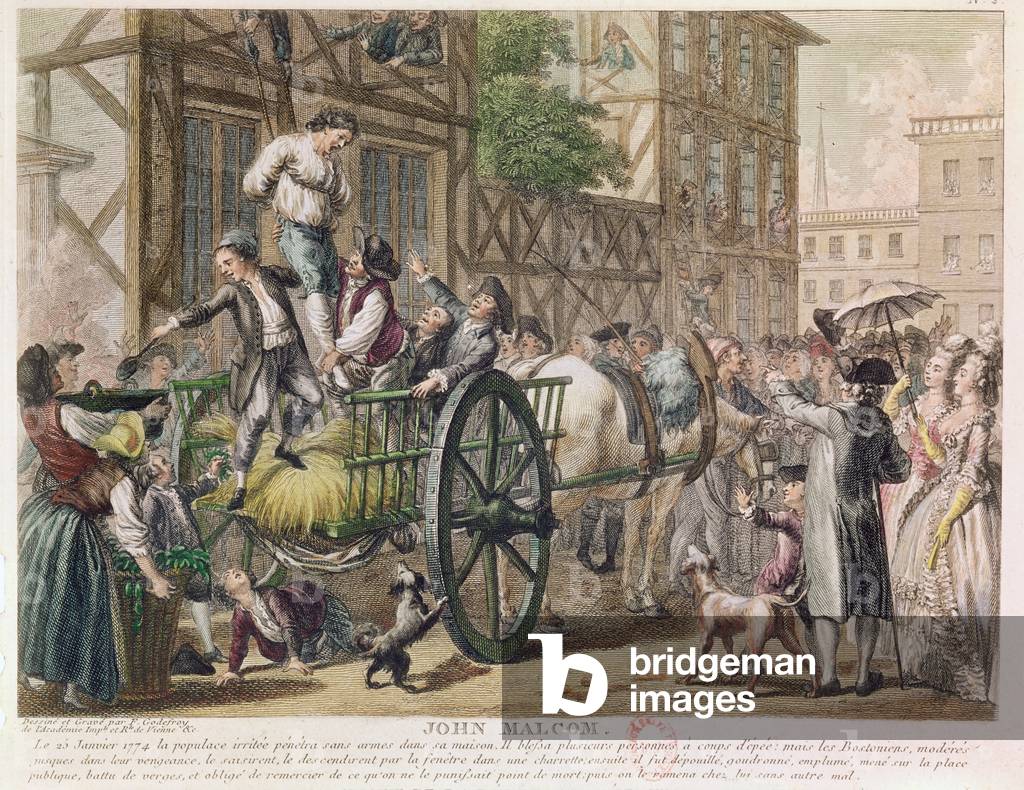 Der Angriff auf John Malcolm, Boston, 25. Januar 1774, nach François Godefroy (1743-1819), um 1785 (Farbstich)