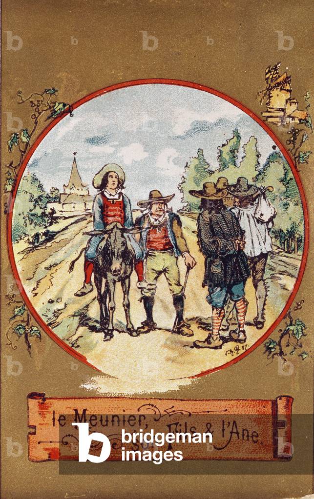 The Miller, his Son and the Donkey, c.1880 (coloured engraving)