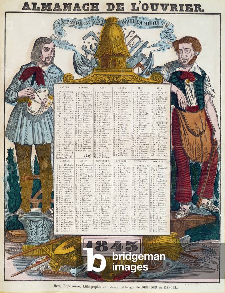 Worker's calendar for 1843 (colour litho)