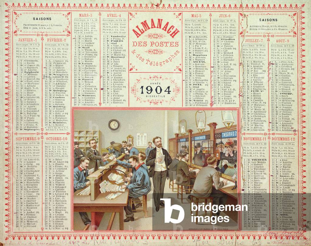 Calendar for 1904, with an illustration of the interior of a post office, c.1903 (colour litho)