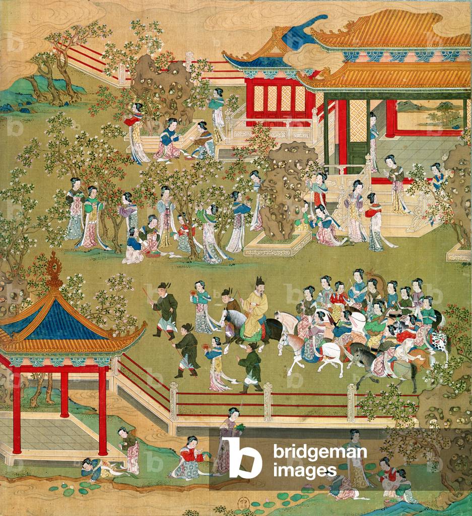 Emperor Yang Ti (581-618) strolling in his gardens with his wives, from a history of Chinese emperors (colour on silk) (see also 176855)