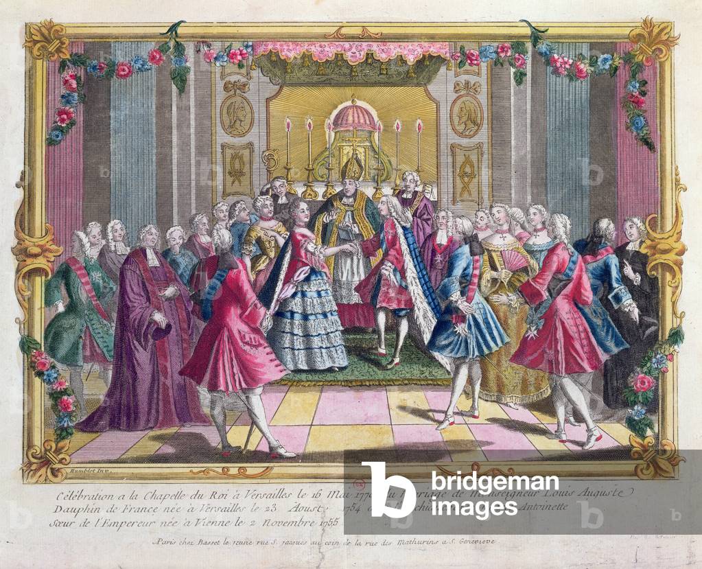 Marriage of the Dauphin of France (future Louis XVI) with Archduchess Marie-Antoinette in the chapel at Versailles on 16 May, 1770 (coloured engraving)