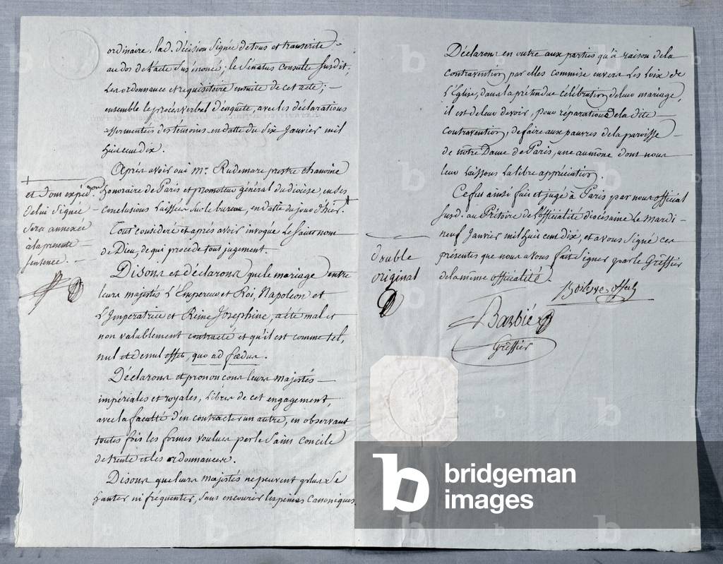 Divorce statement of Emperor Napoleon Bonaparte (1769-1821) and Empress Josephine (1763-1814) 9th January 1810 (pen & ink on paper)