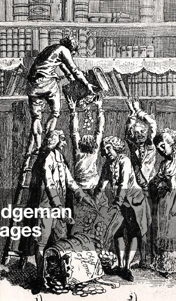 Gold comes from books (engraving) (b/w photo)