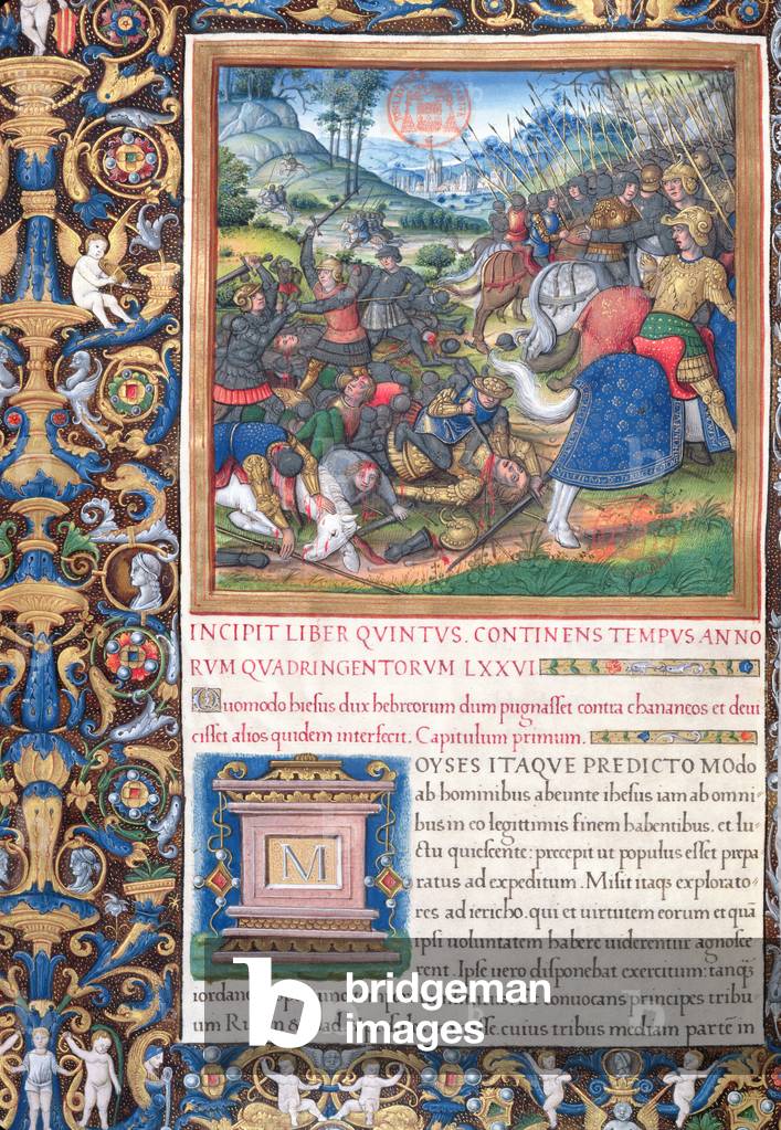 Ms. 1581 f. 089v  Illustration from Book V ('From the Death of Moses to the Death of Eli'), Chapter 1 of the 'Antiquities of the Jews' ('Antiquitates Judaicae') by Flavius Josephus -  How Joshua, the Commander of the Hebrews, made war with the Canaanites, c.1503 (vellum) (see also 694953)