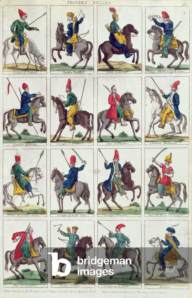 Unità regionali di cavalleria russa, c.1812-14 (incisione a colori)