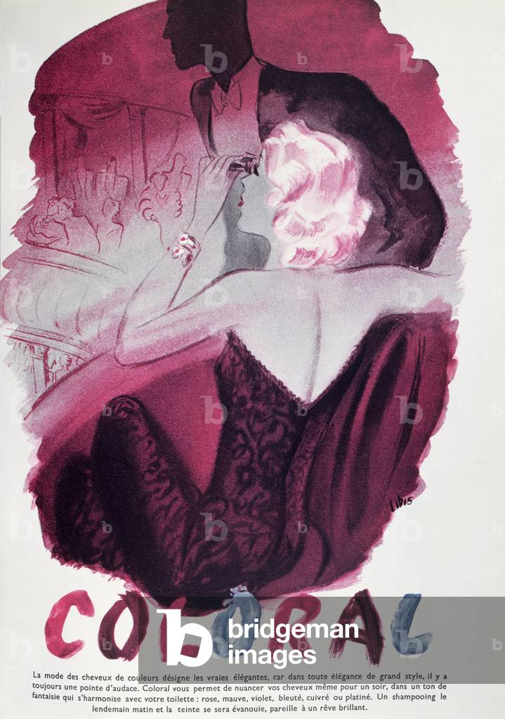 Poster advertising 'Coloral' colouring shampoo, depicting a woman watching a performance with binoculars, 1938 (lithograph)