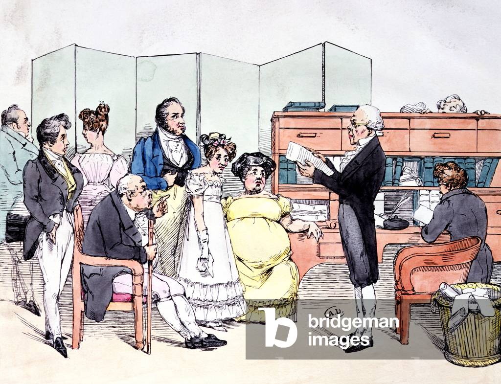 'Grazie alla dote', lettura di un contratto di matrimonio presso lo studio legale, c.1830 (colore lito)