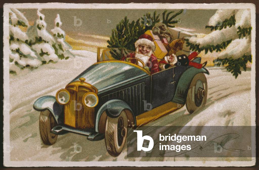 Postcard depicting Father Christmas driving, c.1930-40 (colour litho)