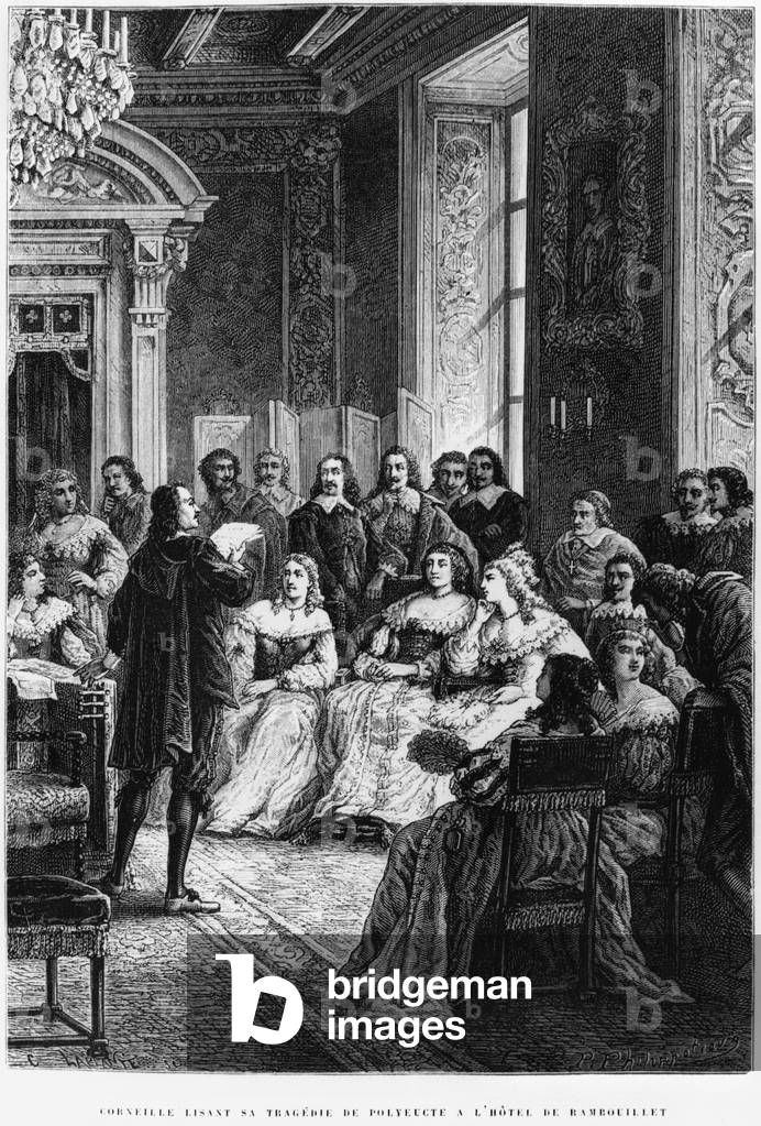 Pierre Corneille (1606-84) reading 'Polyeucte' at the Hotel de Rambouillet, c.1880 (engraving) (b/w photo)
