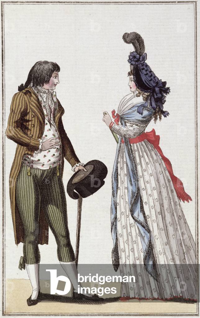 Coppia alla moda del periodo Directoire (1795-99) (incisione a colori)