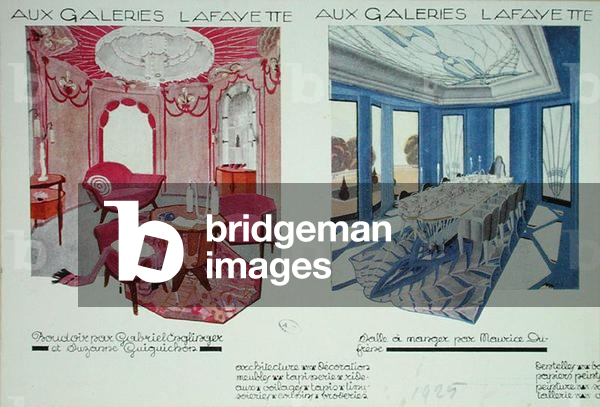 Boudoir designed by Gabriel Englinger and Suzanne Guiguichon and a dining room designed by Maurice Dufrene, illustrations from a Galeries Lafayette catalogue, 1925 (colour litho)