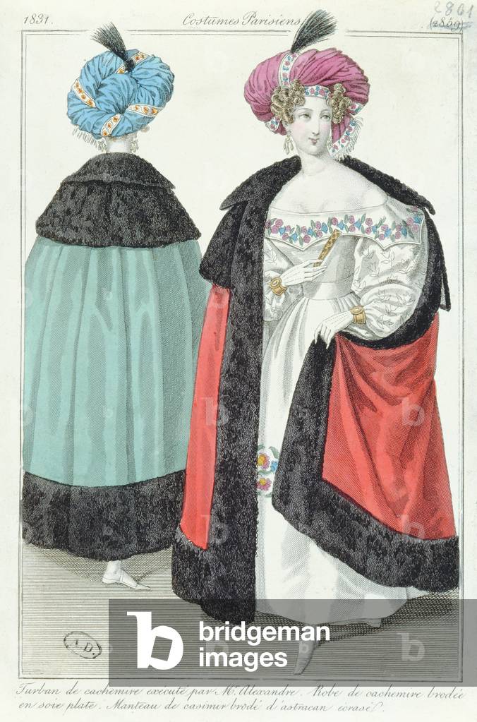 Two women with turbans, dresses and cloaks of cashmere, from 'Costumes Parisiens', 1831 (coloured engraving)