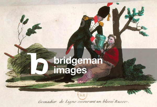 Line grenadier helping an injured Russian soldier (coloured engraving)