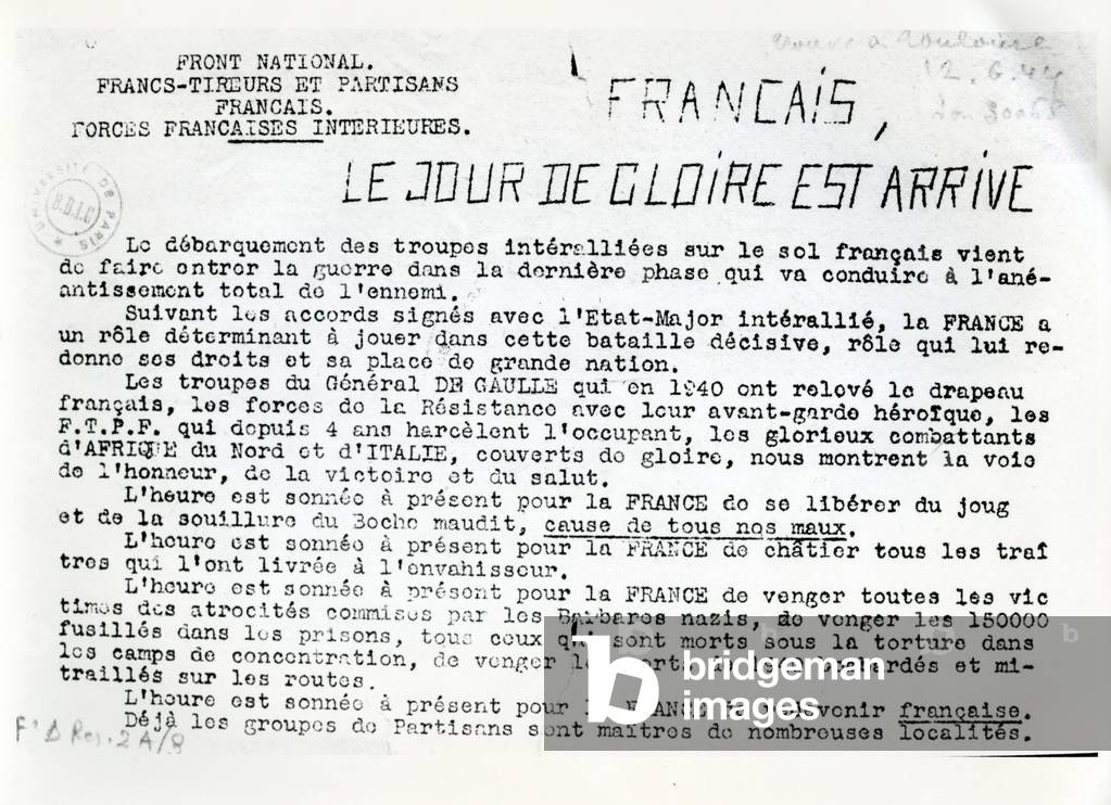'Francais, Le Jour de Gloire est Arrive'; Declaration by the French resistance following the invasion of Normandy, 12th June, 1944 (printed paper)
