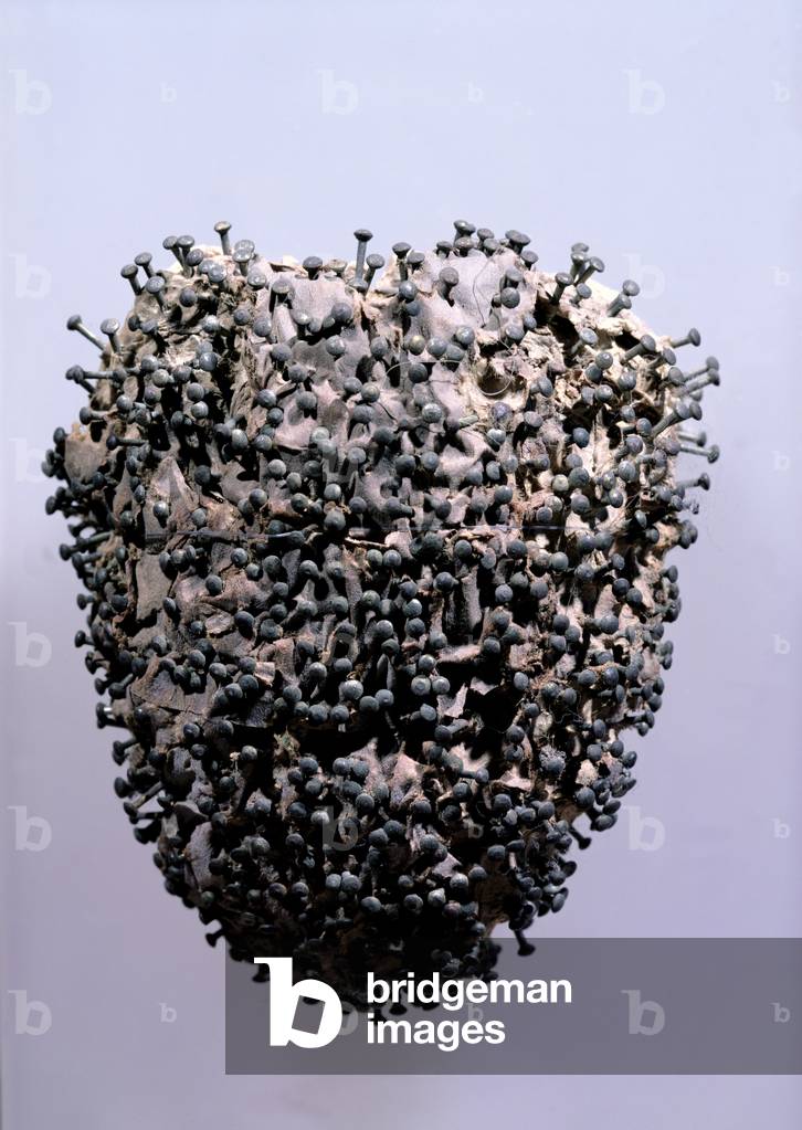 Veal heart pricked with pins, found c.1900 in a tomb in Montmartre cemetery, Paris