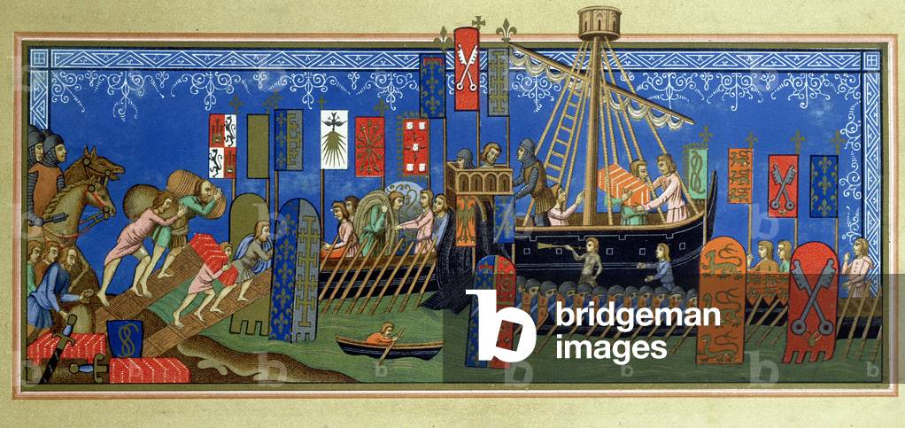The embarkation of the Knights of the Holy Spirit for the crusades, after a miniature in the 'Statuts de l'ordre du Saint-Esprit de Naples' manuscript in the Louvre, engraved by Felix Regamey (1844-1907) late 19th century (colour litho)