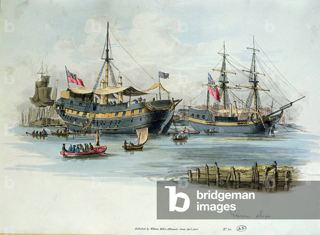 Prison Ships used by the British during the Napoleonic Wars to house French prisoners, 1805 (colour engraving)