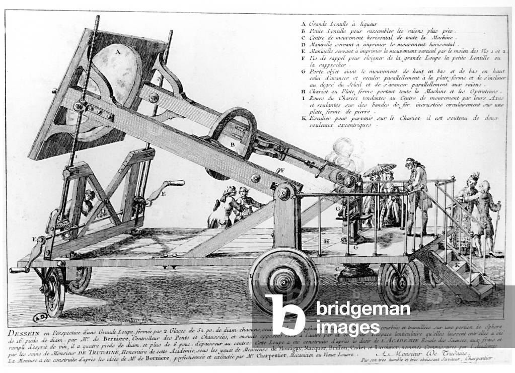 The Gigantic Magnifying Glass, plate from 'Les Oeuvres completes' by Antoine Laurent de Lavoisier (1743-94), late 18th century (engraving) (b/w photo)
