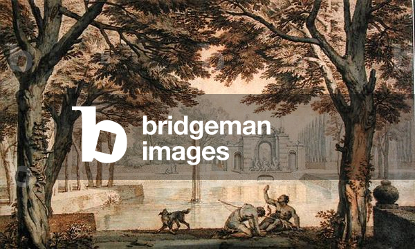 Lake with a fountain in a garden (pen & ink & wash on paper)