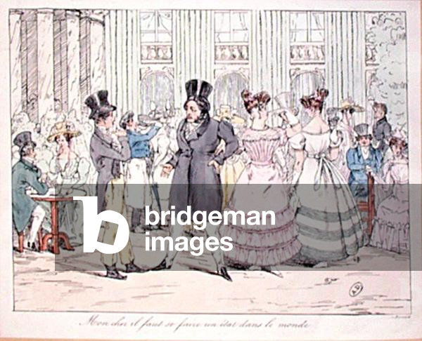 'My dear friend, one must find a position for oneself in the world', caricature of the 'Cafe de la Rotonde' at the Palais Royal, early 19th century (coloured engraving)