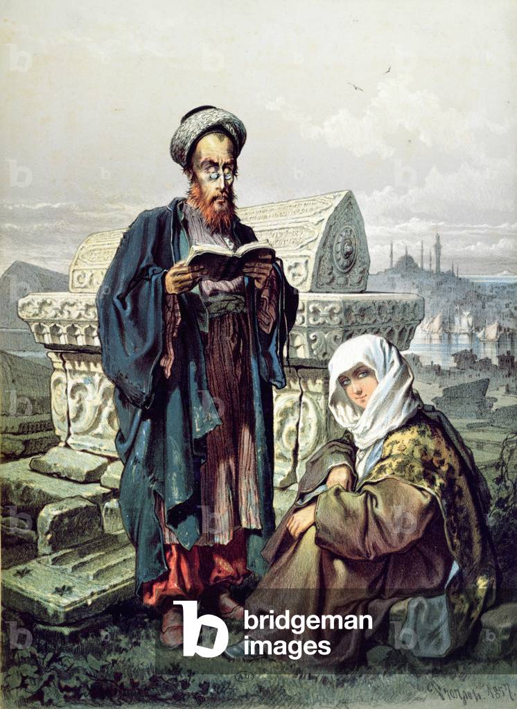 A Jewish couple at a cemetery in Constantinople, 1857 (colour litho)