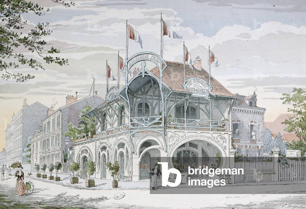 Cafe in the Art Nouveau style by G. Guyon at Saint Maurice near Paris, illustration from 'L'Architecture Usuelle', engraved by E. Rivoalen (colour engraving)