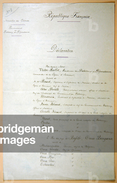 1st page of a treaty between the Governor of Dahomey (on behalf of France) and the King of Bafilo, 5 January, 1897 (pen & ink on paper)