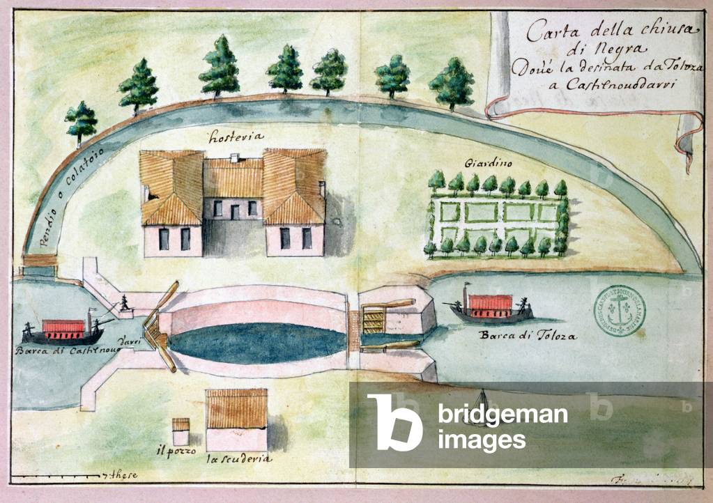Drawing of the lock at Negra on the Canal du Midi (w/c on paper)