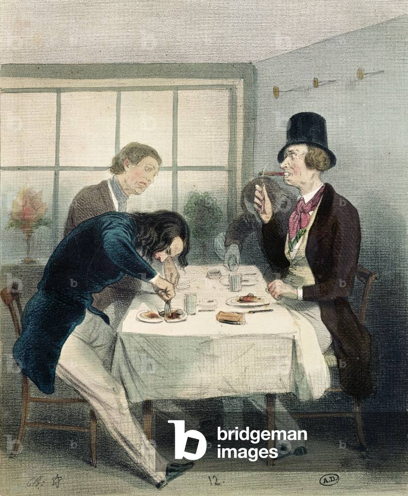 Restaurant in the rue Saint-Jacques in Paris, c.1840 (colour litho)