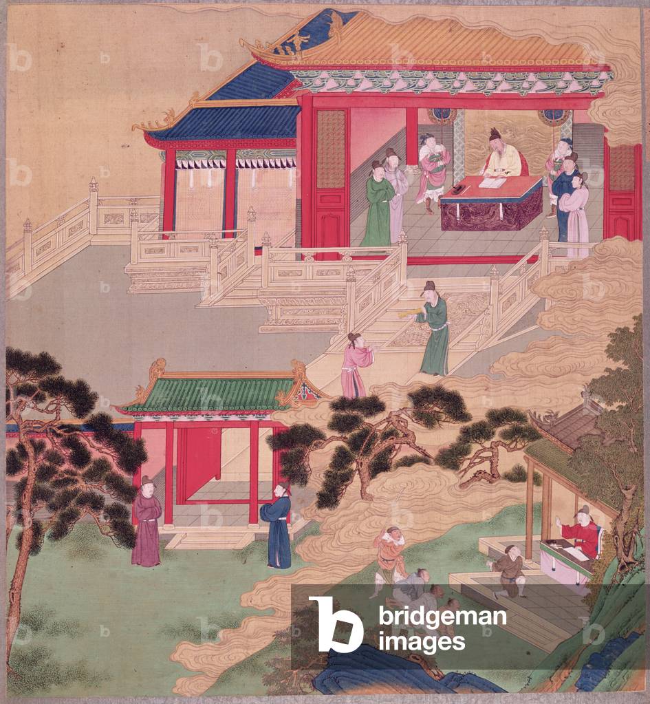 Imperatore Tai Tsung (r.762-779) leggendo un tomo medico, da una storia degli imperatori cinesi (colore su set