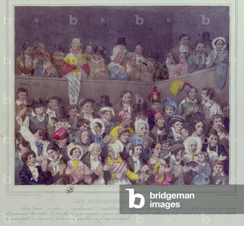Spectators applauding at the Theatre, 1837 (colour litho)