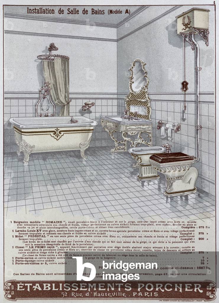 Advertisement for bathrooms manufactured by 'Etablissements Porcner', 1899 (colour litho)