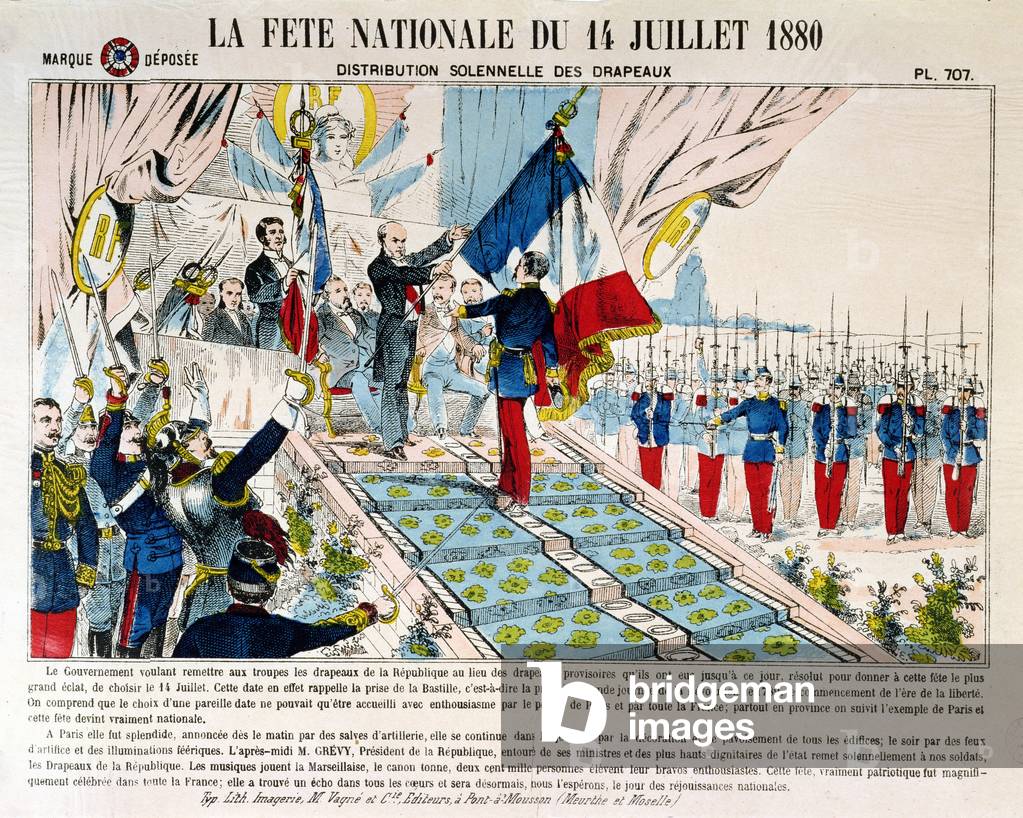 Solemn Distribution of Flags at Longchamp by President Jules Grevy (1807-91), 14th July 1880, 1880 (colour litho)