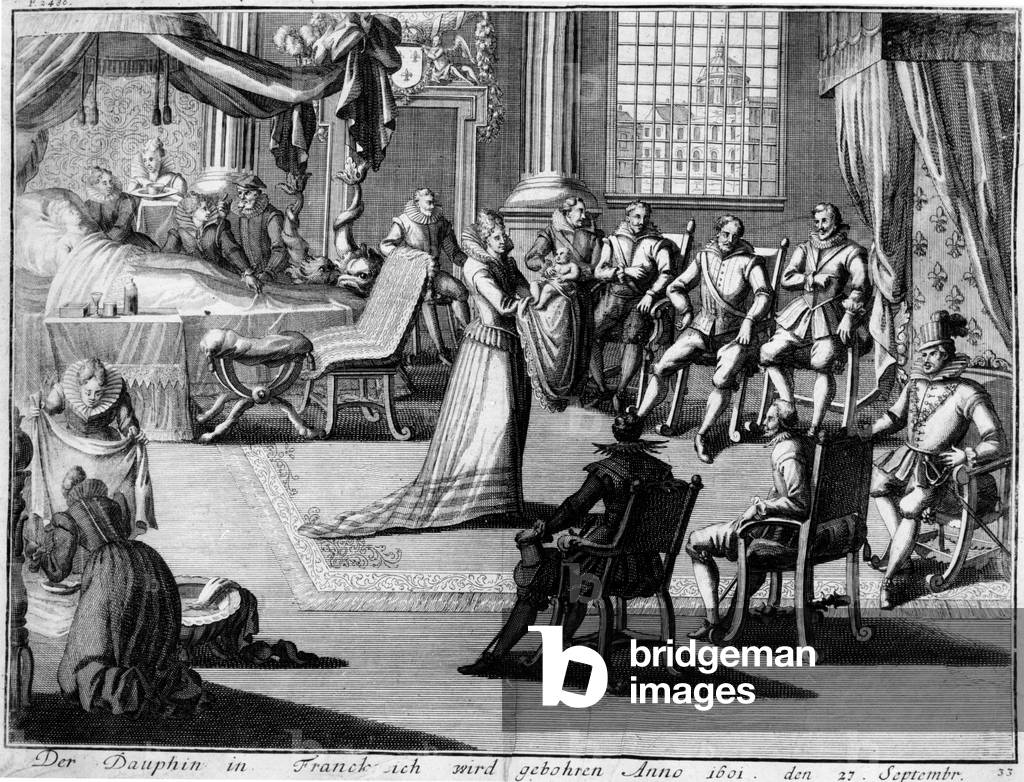 Presentation at Fontainebleau of the Dauphin to his father, King Henri IV, on 27 September, 1601 (engraving)

