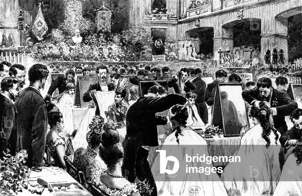 Demonstration of Hairstyling by the German Association of Hairdressers at the Berlin Concert House, 1887 (litho)