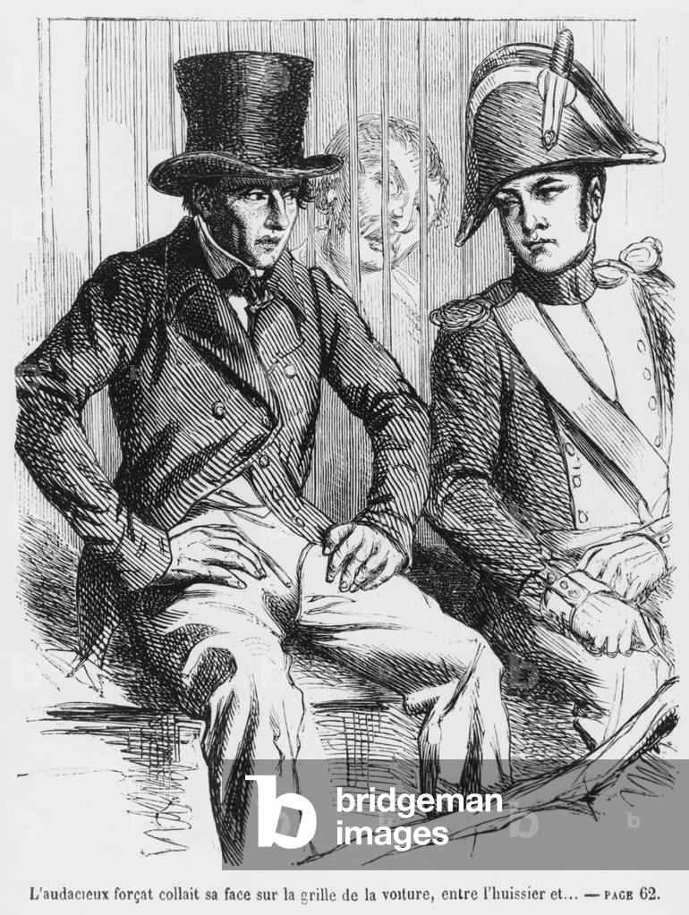 Lucien de Rubempre and Vautrin arrested, illustration from 'Splendeurs et Miseres des Courtisanes' by Honore de Balzac, published 1867 (engraving)
