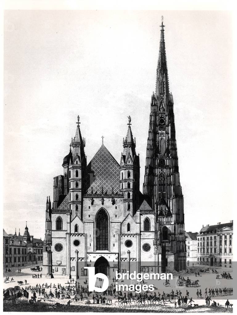 The Cathedral of Saint Stephen in Vienna, 1821 (engraving) (b/w photo)