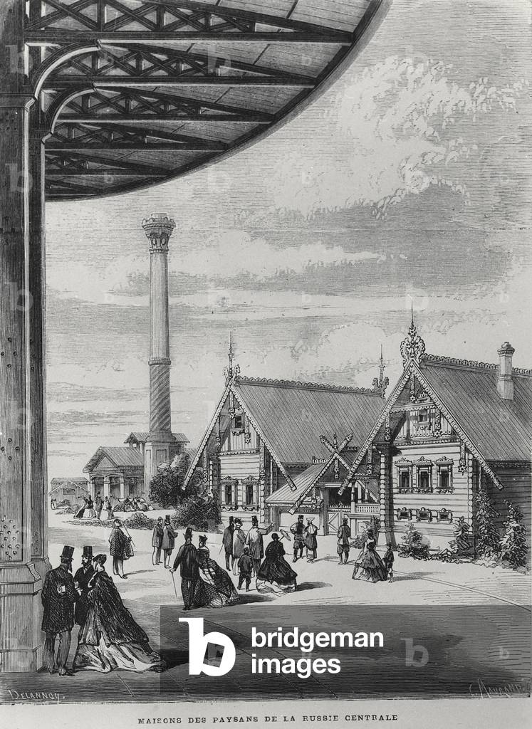 Peasant houses at the Russian pavilion at the Exposition Universelle of 1867 (litho)