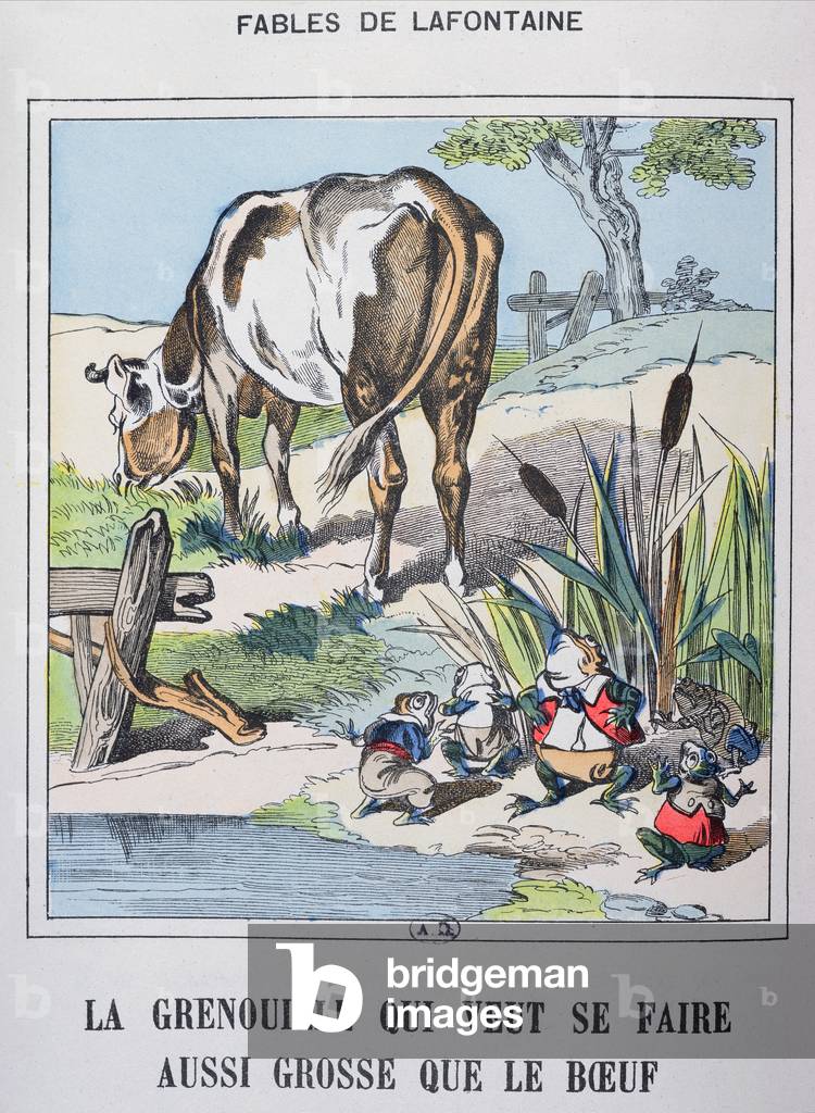 The Frog and the Ox, from 'Fables de La Fontaine' (coloured engraving)