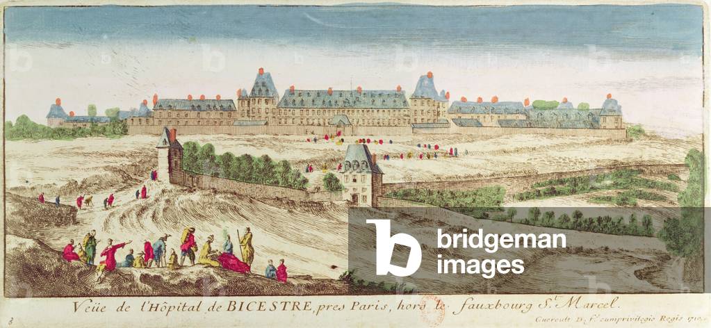 The Bicetre Asylum in Paris, 1710 (coloured engraving)
