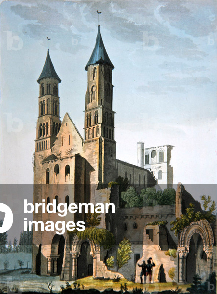 The Abbey of Jumieges, from 'Le Costume Ancien et Moderne' by Jules Ferrario, published c.1820s-30s (colour litho)