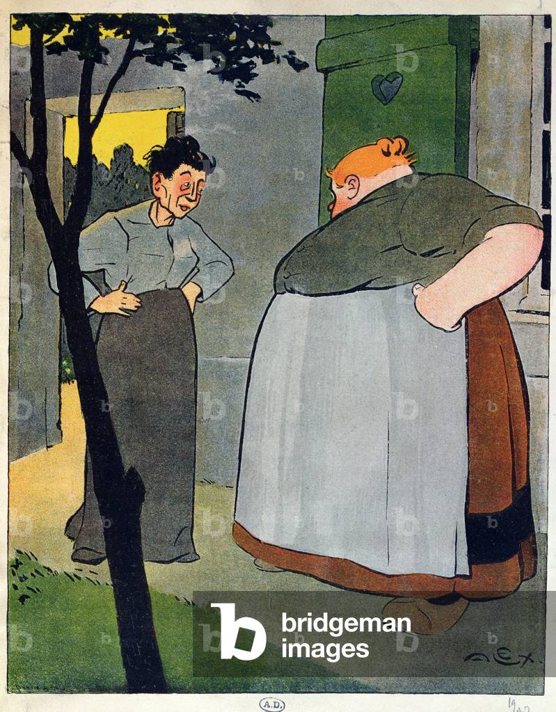 'You should do as I do, my dear. No corsets! They destroy a woman's figure', caricature on not wearing corsets, 1909 (colour litho)