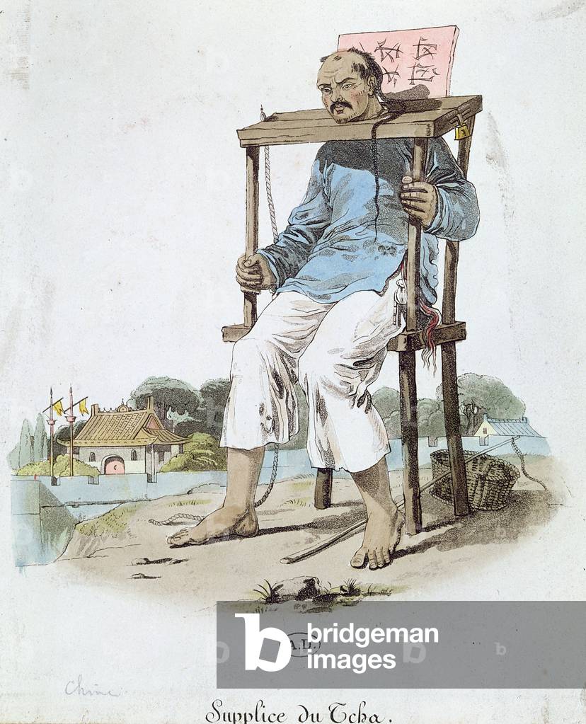 A prisoner in the 'Cangue' in China, c.1800 (colour engraving)