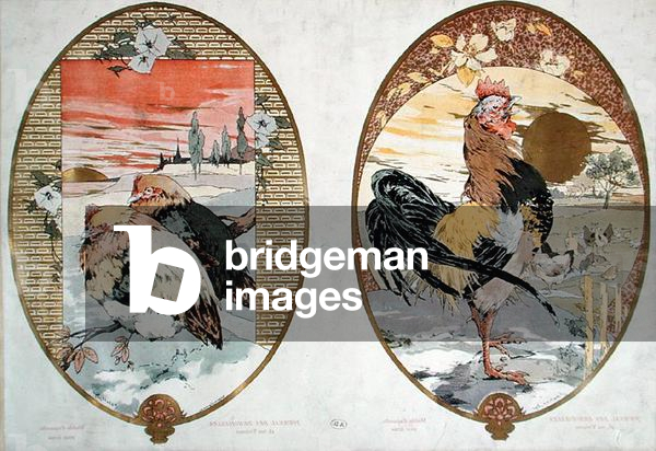 Cock and chickens, design for a screen, c.1900 (colour litho)
